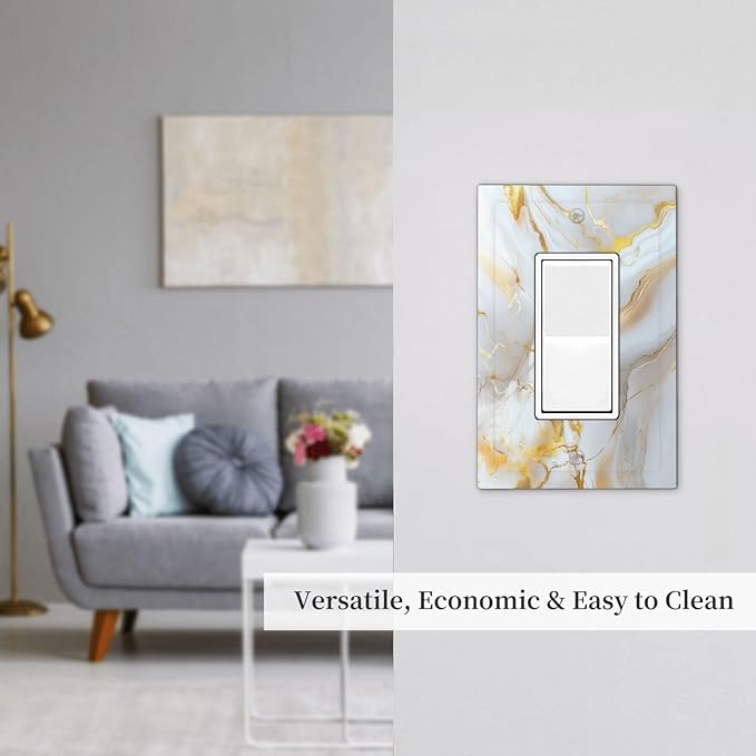 Decorative Light Switch Cover Plate Abstract Gold Marble Design with White & Gold 1 Gang Rocker Outlet Covers Single Decora Gfci Device Wall Plate for Modern Luxurious Decor