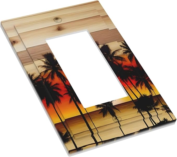 Sunset Beach Coconut Palm Tree Wooden Background Decorative Outlet Covers 1 Gang Single Rocker Light Switch Cover Plate Wall Plates GFCI Faceplate for Bedroom Living Room Decor