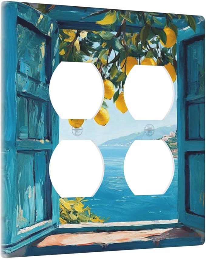 Window View Coastal Lemon Tree Mediterranean Landscape Outlet Covers 2 Gang Double Duplex Decorative Light Switch Covers Electrical Wallplates Socket Faceplate for Bedroom Living Room Decor