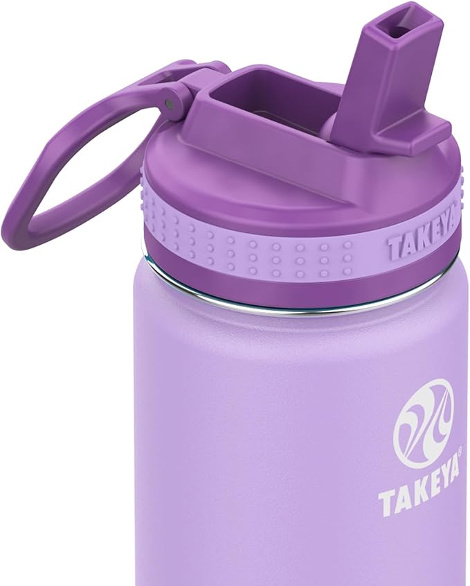 Takeya Actives Kids Water Bottle 16 oz Stainless Steel Double Wall Insulation BPA-Free Leakproof Straw Lid Easy Carry Handle Reusable Ideal for Boys and Girls, School, Sports - Lilac / Ultra Violet