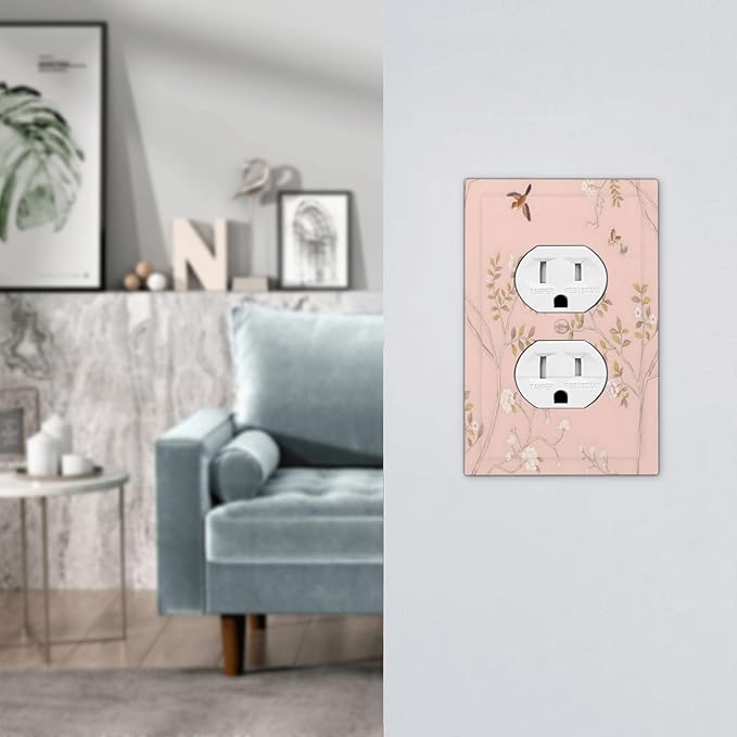 Pink Background Flowers Bird Butterflies Floral Outlet Covers 1 Gang Duplex Light Switch Cover Decorative Switch Plates Electrical Receptacle Faceplate Wall Plate for Bedroom Living Room Decor