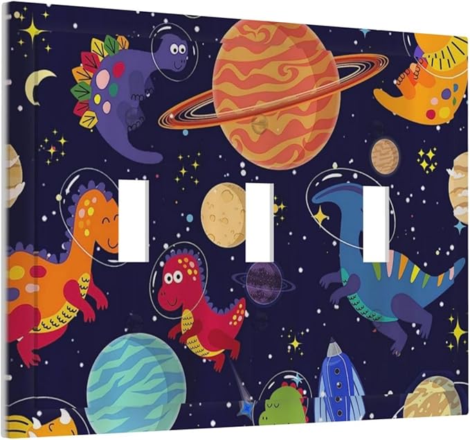 Navy Blue Cute Cartoon Dino Dinosaur Decorative 3 Gang Toggle Light Switch Covere Plate Kids Universe Galaxy Outer Space Planet Nebula Boy Electrical Outlet Switch Face Wall Plate Cover Jumbo Size