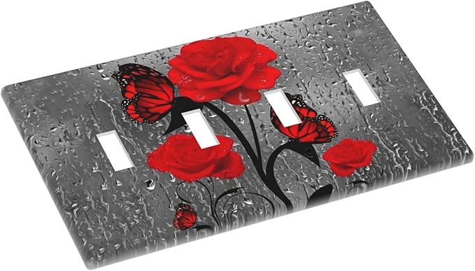 Butterfly Red Rose Flower 4 Gang Light Switch Cover Decorative Quad Toggle Wall Plate Electrical Faceplate For Girls Bathroom Bedroom Home Decorative 8" x 4.5