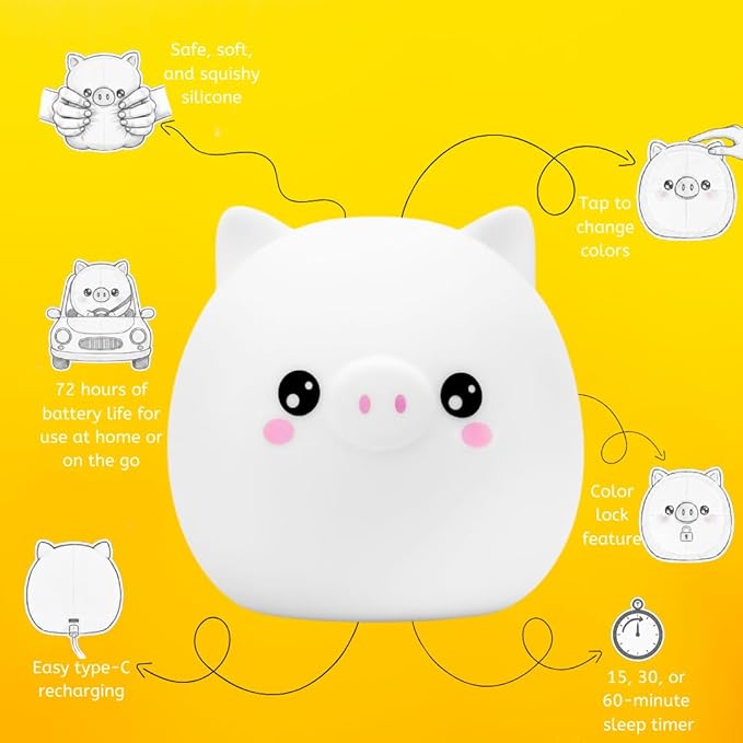 Lumipets Remote Control Silicone Night Light for Kids - Pig Design with 9 Soft Colors & Sleep Timer - Rechargeable, Battery-Operated Lamp for Bedroom | Baby Nursery, Toddler, Girls, Boys
