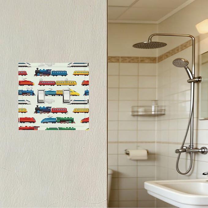 Vintage & Modern Trains Double Toggle Switch Cover - 2-Gang Standard US Size Colorful Locomotive Light Switch Covers, Retro Steam & High-Speed for Boys Room