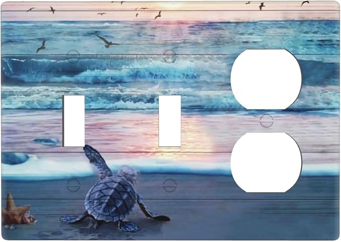 Nautical Ocean Teal Blue Beach Wave Turtles Tortoise 3 Gang 2-Toggle 1-Duplex Receptacle Light Switch Wall Plates and Outlet Cover Coastal Starfish Triple Device Combo Two Toggle One Receptacle Cover