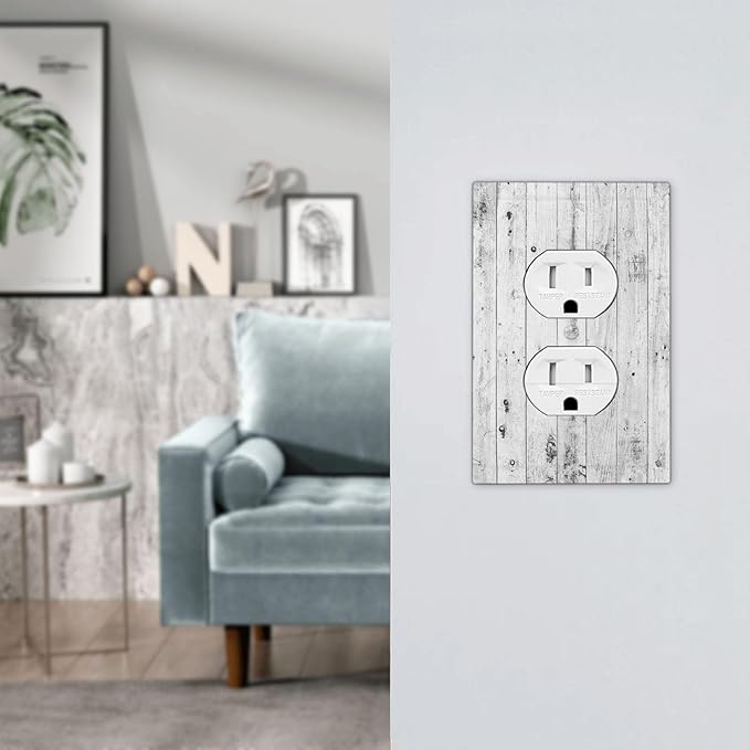 Outlet Covers Rustic White Grey Wood Grain 1 Gang Duplex Light Switch Cover Electrical Receptacle Faceplate Wall Plate Decorative Switch Plates for Farmhouse Home Decor