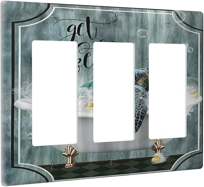 Teal Green Sea Turtle Funny Ocean Vintage Tortoise Beach Theme Light Switch Covers 3 Gang Rocker Decorative Triple Outlet Wall Plate Cover Switchplate Electrical Gfci for Kids Room Bathroom Decor