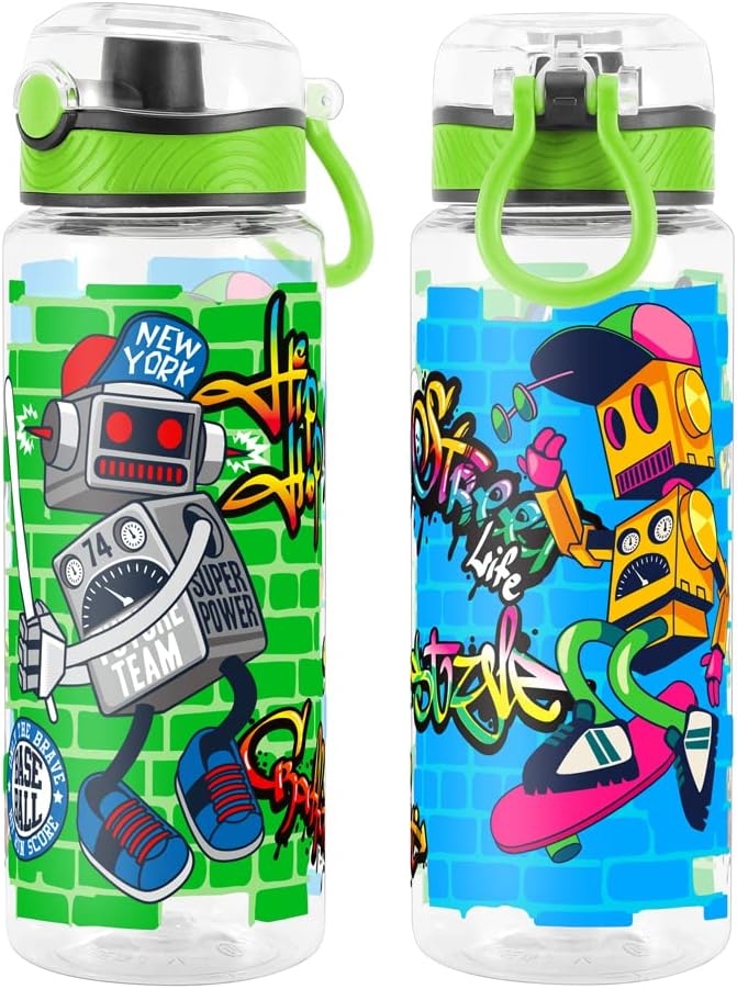 Home Tune Cute Water Bottle for School Kids Girls, BPA FREE Tritan & Leak Proof & Easy Clean & Carry Handle, 23oz/ 680ml - Sports Robot