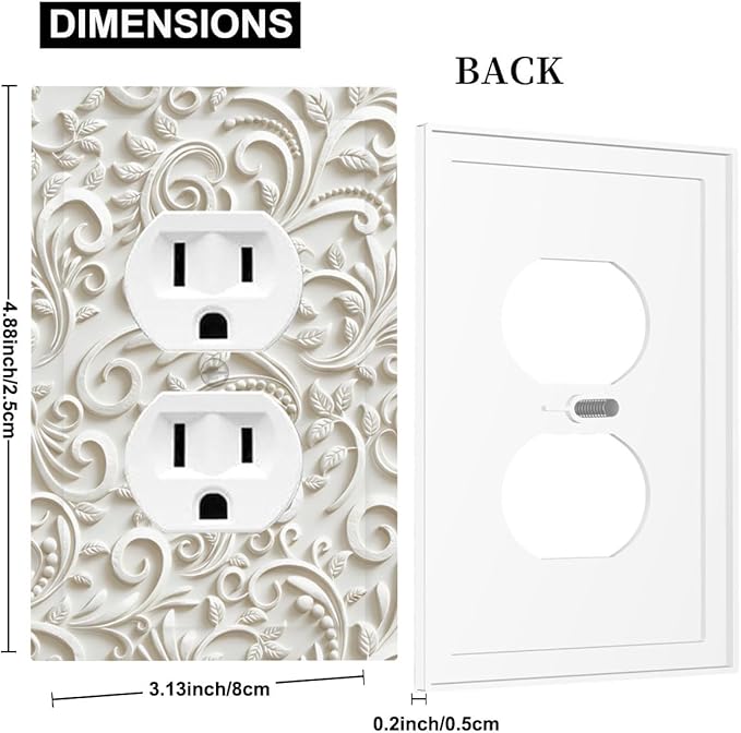 White Floral Vine 1-Gang Duplex Wall Plate, French Scroll Printed Pattern Outlet Cover, Neutral Farmhouse Home & Office Decor, Standard US Size Plug Cover