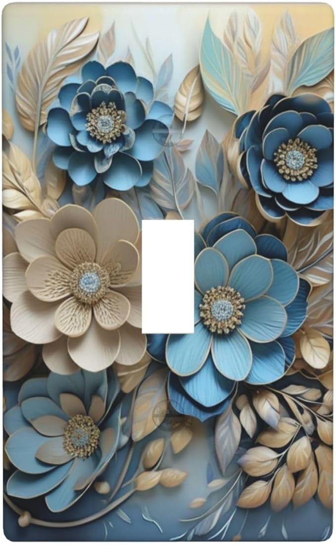 Decorative Art Light Switch Covers Blue and Creamy Floral Single Toggle Wall Plate Decorative Switchcover Electrical Switchplate for Home Decor
