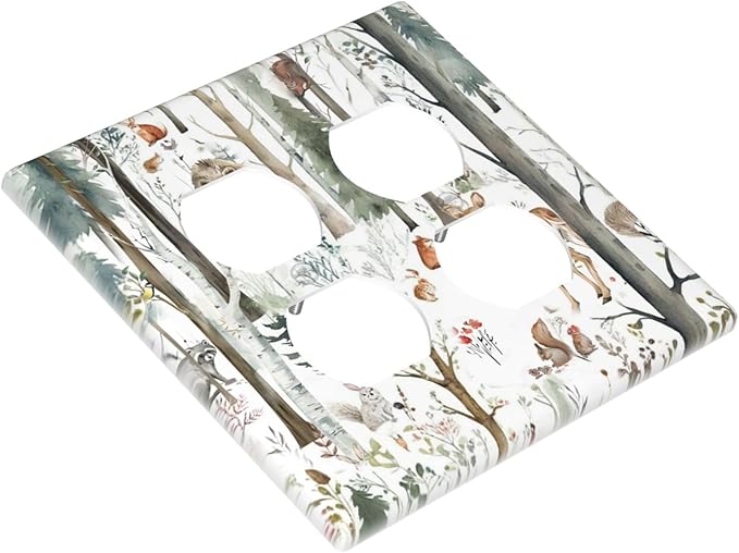 Snow Bear Fox Deer Forest Squirrel Wild Life Animal Outlet Covers 2 Gang Double Duplex Decorative Light Switch Covers Electrical Wallplates Socket Faceplate for Farmhouse Kids Room Decor