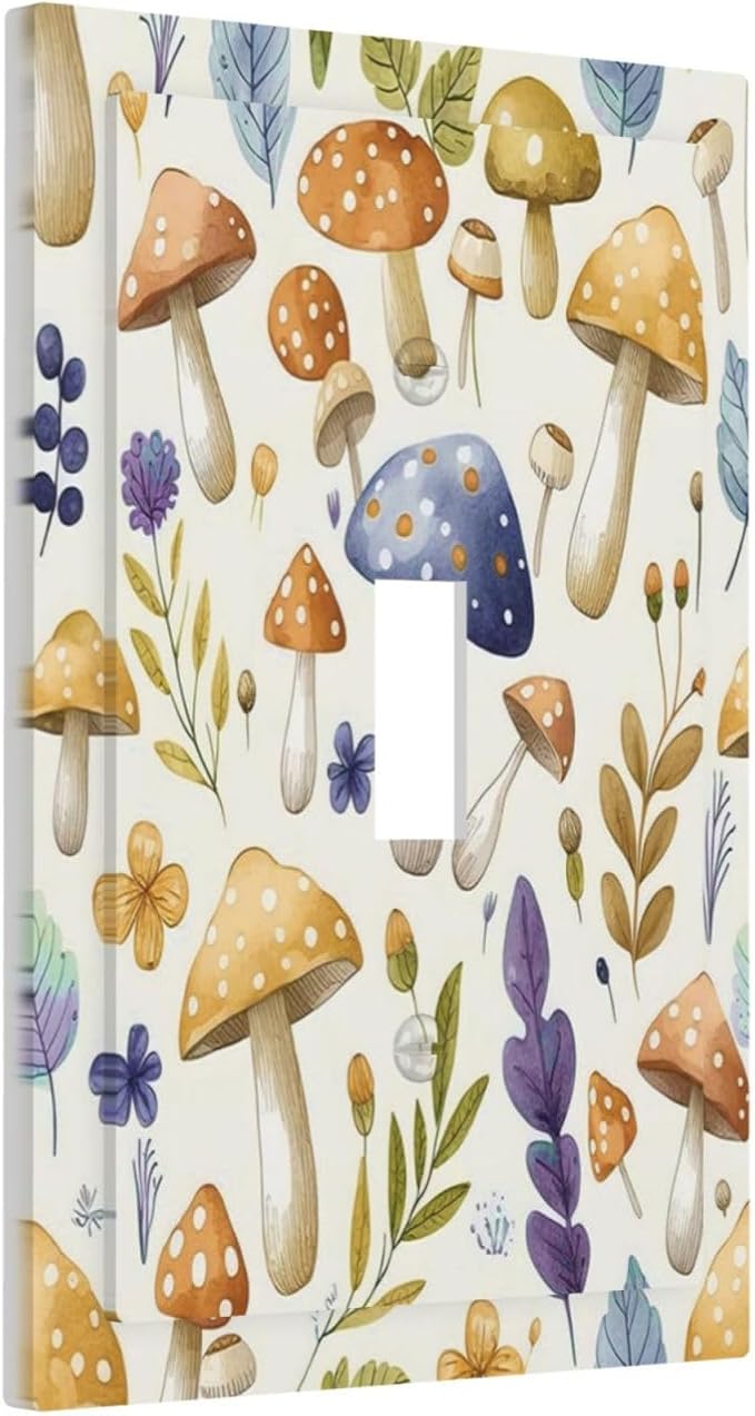 Boho Watercolor Mushroom Flowers Leaf Colorful Floral Decorative Light Switch Cover 1 Gang Single Toggle Device Electrical Faceplate Switchplates Decorator Outlet Wall Plate for Kids Room Nursery
