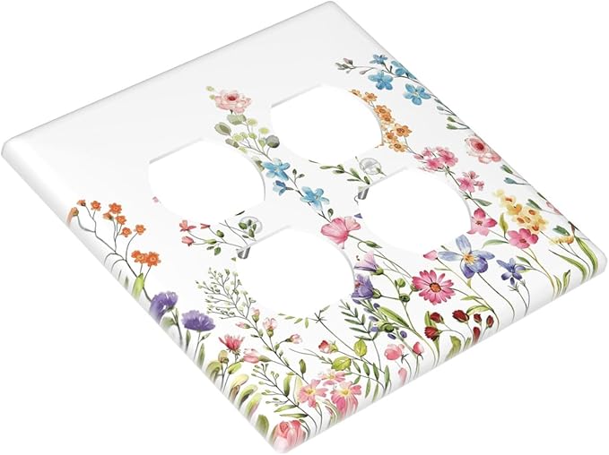 Boho Watercolor Wildflowers Floral Plants Flower Outlet Covers 2 Gang Double Duplex Decorative Light Switch Covers Electrical Wallplates Socket Faceplate for Bedroom Living Room Decor