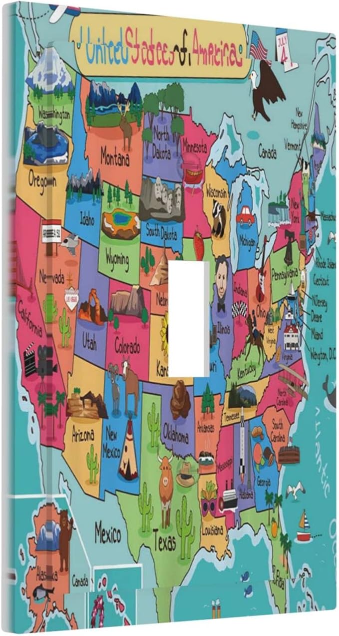 Blue 1 Gang Light Switch Plate Decorative Single Toggle Wall Plate Cover Electrical Switchplate Faceplate United States Map Children's Educational Geography Landmark American Map Bedroom Room Decor