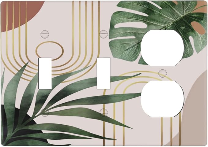 Middle Mid Century Boho Sun Green Palm Leaf 3-Gang Combination Wall Plate 2 Toggle 1 Duplex Receptacle Outlet Cover Decorative Tropical Orange Abstract Art Combo Device Light Switch Faceplate Cover