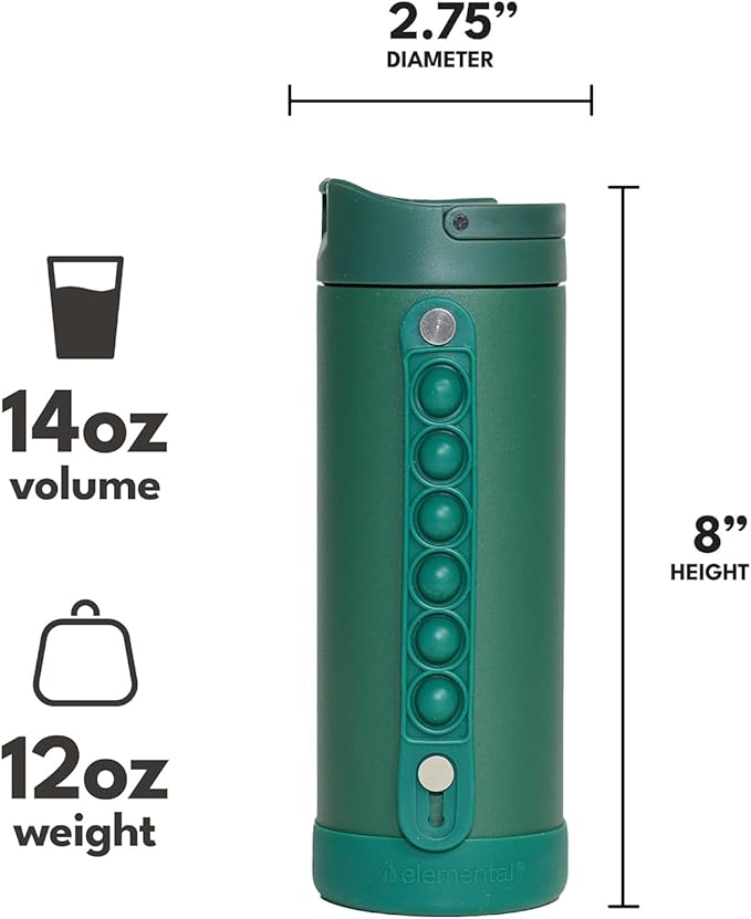 Elemental Iconic Kids Water Bottle for School - 100% Leak-Proof Insulated Water Bottles with Straw Lid & Pop-It Handle for Boys & Girls - Triple-Wall Insulated & BPA-Free, 14oz –Forest Green