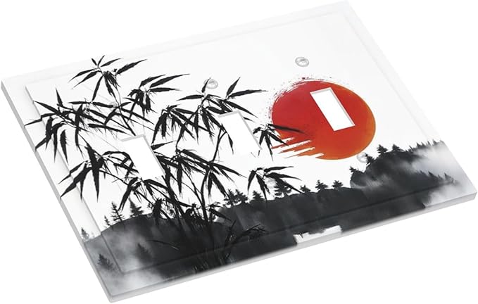 Decorative Light Switch Plate Covers Artistic Describe Black Bamboo Japanese Red Sun 3 Gang Wall Plate Switch Cover Plate Triple Toggle Jumbo Electrical Faceplate for Bedroom Decor