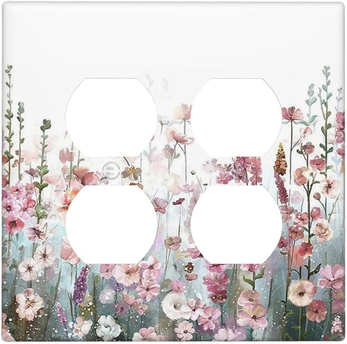 Colorful Flowers Pink Floral Watercolor Plant Outlet Covers 2 Gang Double Duplex Decorative Light Switch Covers Electrical Wallplates Socket Faceplate for Bed Room Living Room Decor