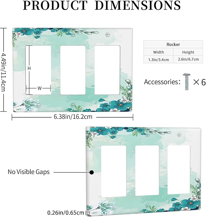 Light Switch Covers Blue Green Flowers Light Green Watercolor Patterns 3 Gang Rocker Electrical GFCI Decorative Triple Outlet Wall Plate Cover Switchplate for Bedroom Home Decor