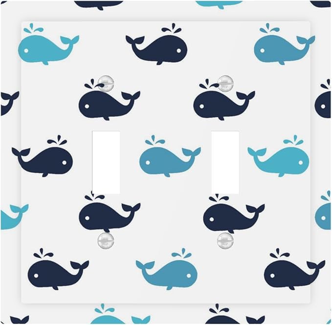 Cute Blue Whales Double Toggle Switch Cover - 2-Gang Standard US Size Nautical Whale Pod Light Switch Covers, Minimalist Coastal for Nursery Decor