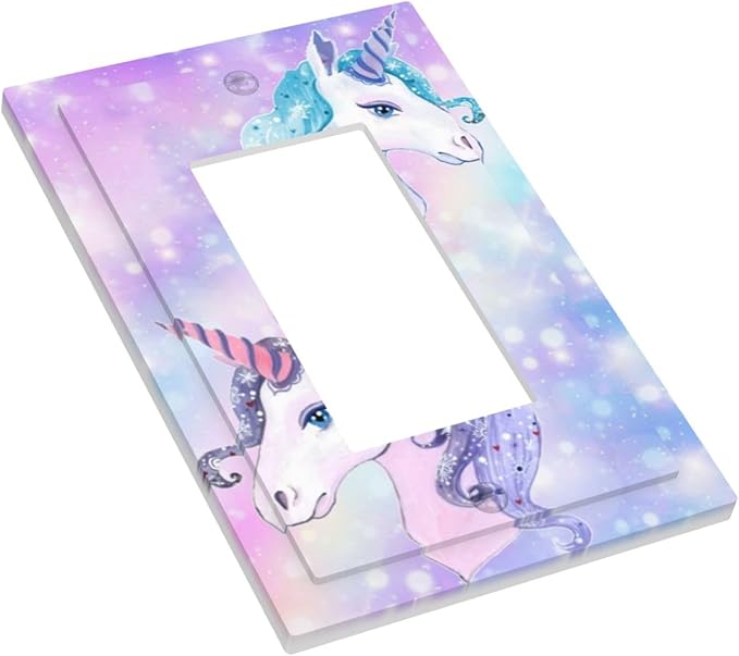 Cartoon Kids Girls Girly Fantasy Cute 1-Gang Decorator Rocker Outlet Light Switch Cover Purple/Blue Rainbow Unicorn Princess Decorative Single Device GFCI Receptacle Switch Wall Plate Dimmer Mid Size