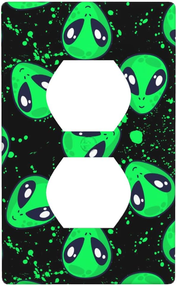 Alien Pattern 1-Gang Duplex Wall Plate, Green Black Alien Outlet Cover Decorative Faceplate for Boys Kids Room, Playroom & Game Room