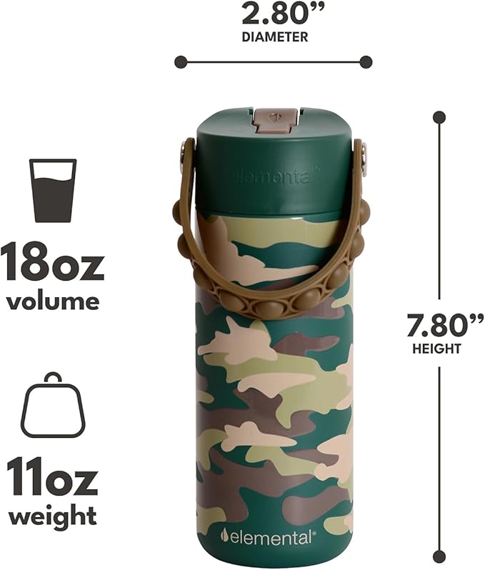 Elemental 100% Leak Proof When Spout is Closed Insulated Kids Water Bottle, Stainless Steel Bottle for School with Straw Lid & Pop-It Handle, Skater Dinos & Green Camo -18oz (2 Pack)
