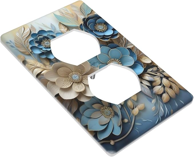 Decorative Art Light Switch Covers Blue and Creamy Floral 1 Gang Single Duplex Outlet Wall Plate Switchplate Electrical Faceplate for Home Decor