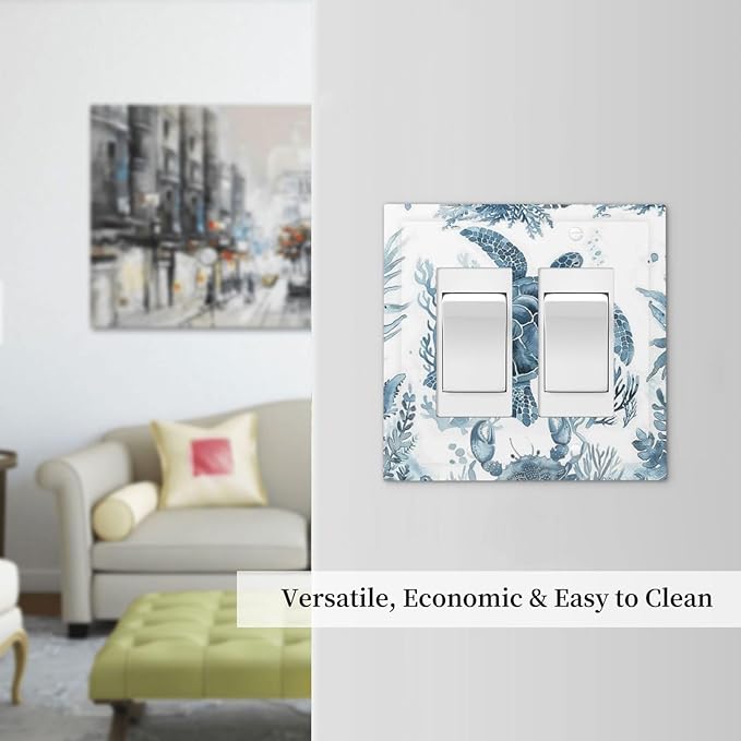 Blue Sea Turtle Coastal Coral Beach Crab Seaweed Decorative Outlet Covers 2 Gang Double GFCI Rocker Electrical Wall Panels Light Switch Cover Plate for Kids Room Bathroom Decor