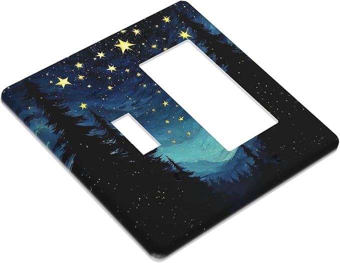 Outlet Covers Blue Starry Sky Forest Painted Star Pine Tree Oil Painting 1 Toggle 1 Rocker Combination Decorative Wall Plate Light Switch Cover Plate Electrical Switch Plates for Bedroom