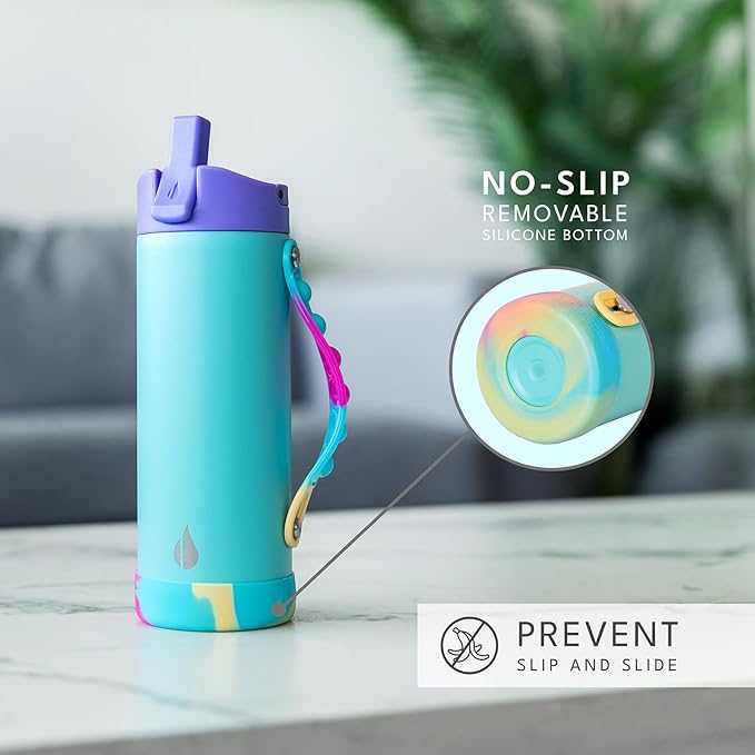 Elemental Iconic Kids Water Bottle with Straw Lid & Stress Relief Pop It Handle, Leak-Proof When Closed, Triple Insulated Kids Stainless Steel Water Bottle For Girls and Boys, 14oz - Blue Tie Dye