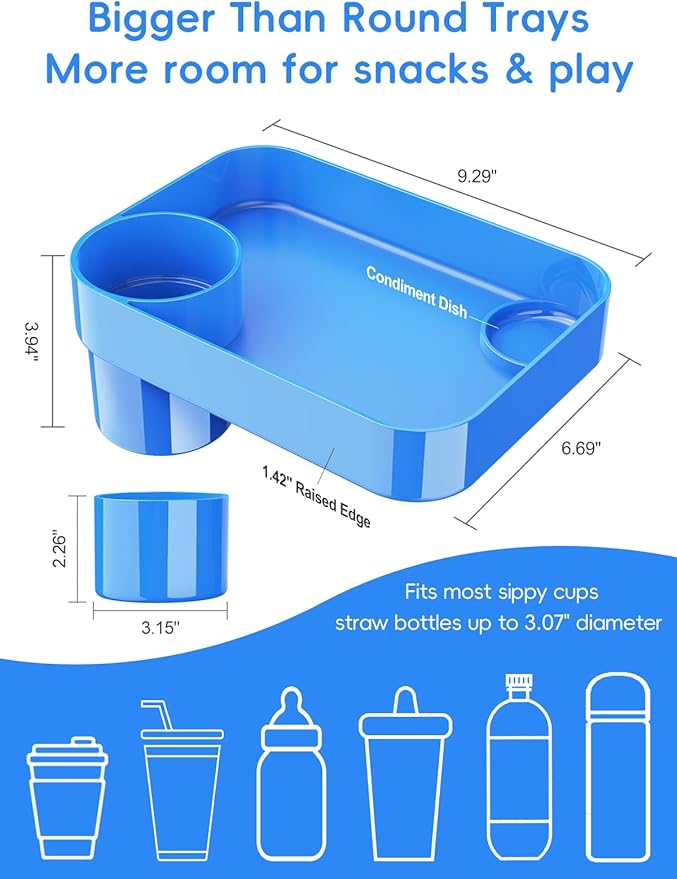 Car Seat Cup Holder Snack Tray for Kids, Reduces Mess, Detachable Large Base & Adjustable Ring, Carseat Tray for Toddler, Car Seat Food Tray Eating Table for Kids Travel Road Trip -Blue