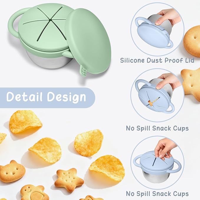 2 Pack Toddler Snack Cups, Baby Stainless Steel Snack Containers for Kids with Spill Proof Food Grade Silicone Lids & Handles 9 OZ No Spill Baby Snack Box for Mess-Free Snacking