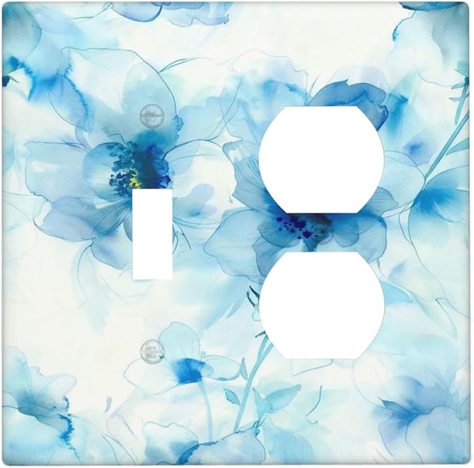 Watercolor Flower Blue White Large Floral Leaf Plants Wallplates 1 Toggle 1 Duplex Switch Plate Electrical GFCI Faceplate Decorative Light Switch Covers for Bedroom Living Room Decor