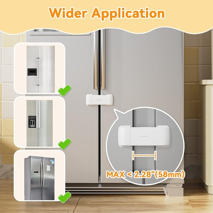 EUDEMON Updated French Fridge Lock French Door Refrigerator/Freezer Lock Apply to Max 2.28"(58mm) Two Door Gap Distance,Cabinet Cupboard Lock for Kids & Babies,Easy to Install(1Pack,White)