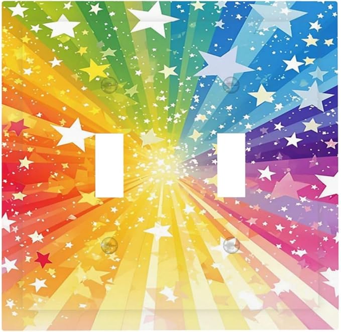 Light Switch Cover Plate Rainbowcolored Rays With White Stars 2 Gang Double Toggle Decorative Switch Plates Wall Plates Electrical Faceplate for Nursery Home Decor