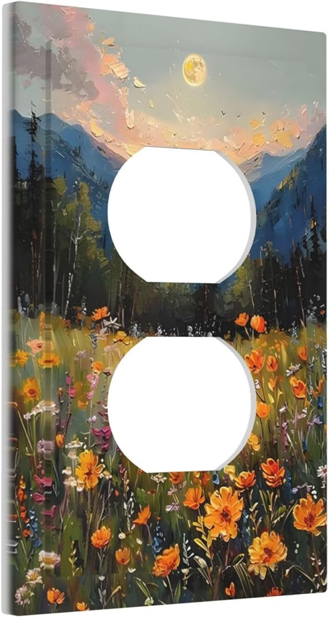 Sunset Wild Flower Field Floral Nature Landscape Outlet Covers 1 Gang Duplex Light Switch Cover Decorative Switch Plates Electrical Receptacle Faceplate Wall Plate for Farmhouse Bedroom Decor