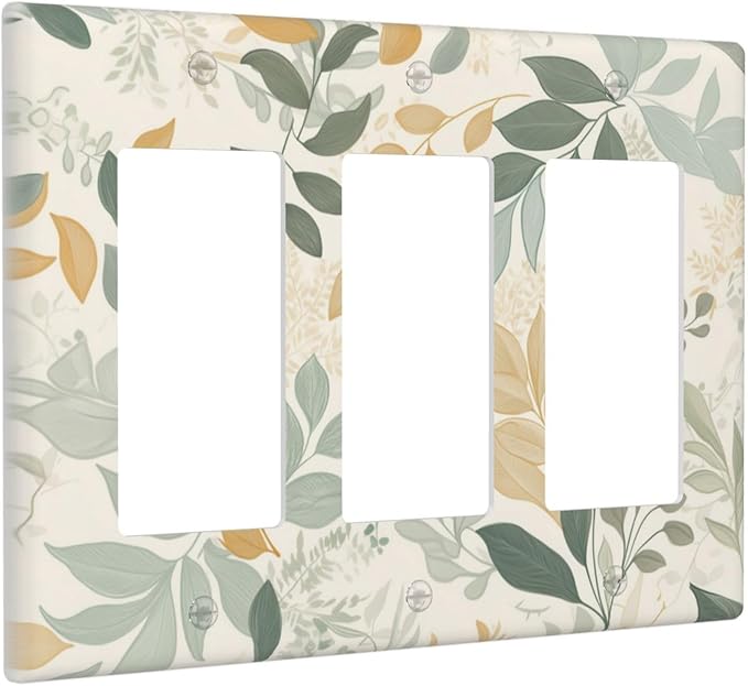 Boho Watercolor Leaves 3 Gang Rocker Outlet Covers Triple Rocker Light Switch Cover Watercolor Green Botanical Wall Plate Decorative Faceplate for Bedroom Kitchen Living Room Decor