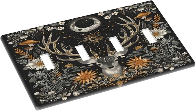 Light Switch Cover Plate Vintage Deer Flowers Moon Natural Plants Floral 4 Gang Quad Toggle Decorative Switch Plates Electrical Wall Plates Faceplate for Bathroom Bedroom Decor
