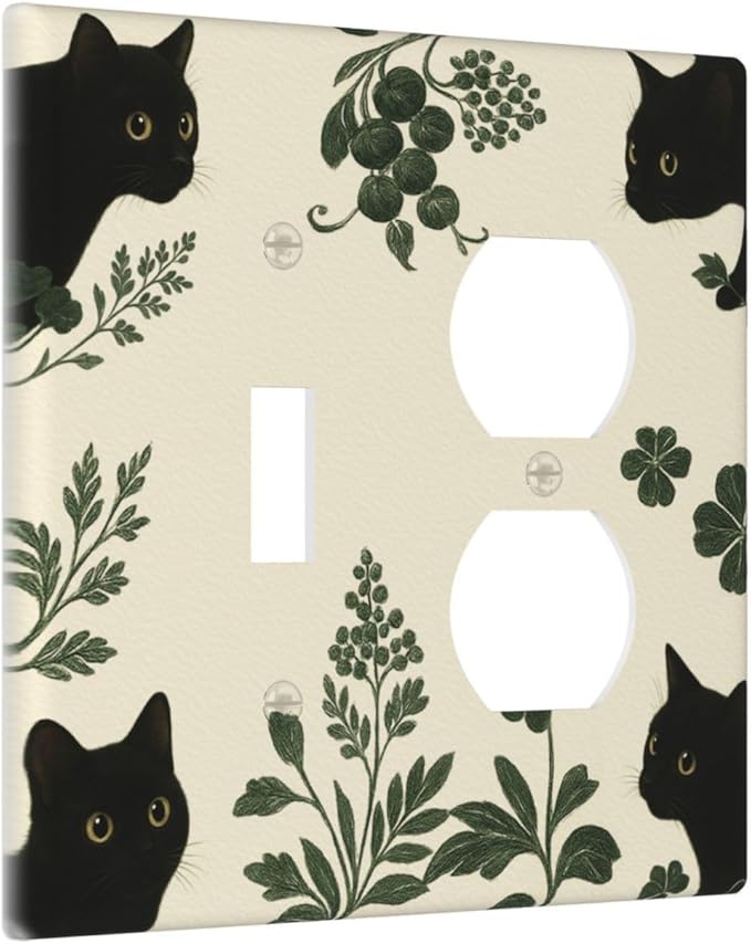 Decorative Outlet Covers Funny Black Cat Green Leaf 2 Gang Light Switch Cover Plate Single Toggle Duplex Wall Plates for Electrical Outlets Switch Plate Covers for Bedroom Home Decor