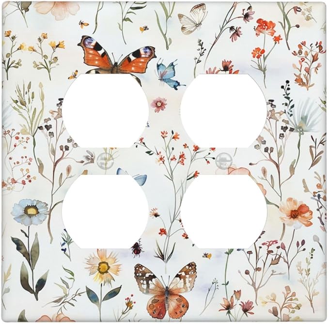 Outlet Covers Butterfly Floral Boho Multicolor Flower Leave 2 Gang Double Duplex Decorative Light Switch Covers Electrical Wallplates Socket Faceplate for Bed Room living Room Decor