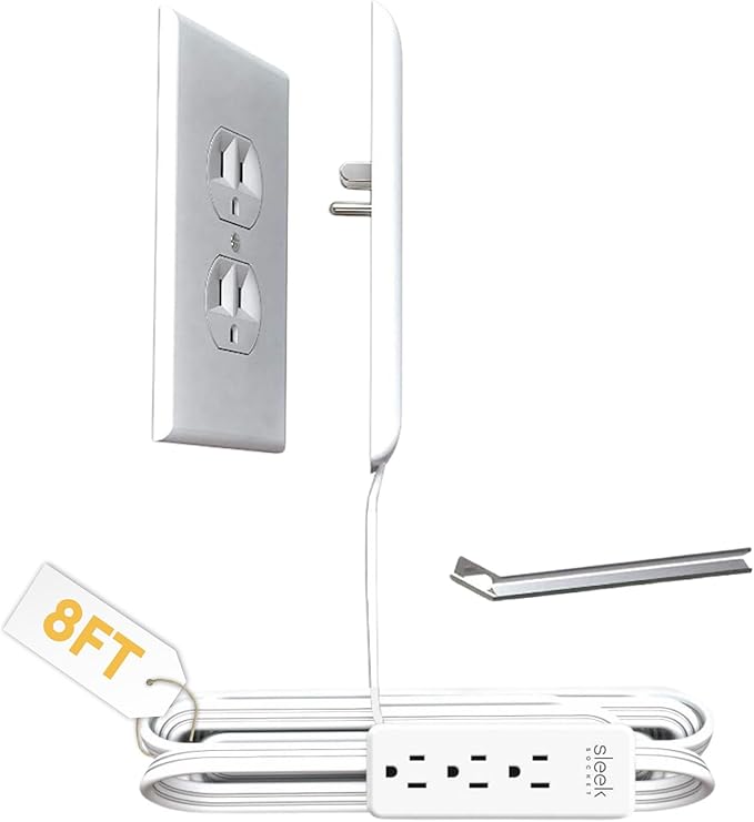 Sleek Socket No Shock Child Protector, Outlet & Plug Concealer with Protective Cord Clips, 8-Foot Flat Extension Cord with Multiple Outlets, Baby Proofing Outlet Cover, No Access to Dangerous Cords