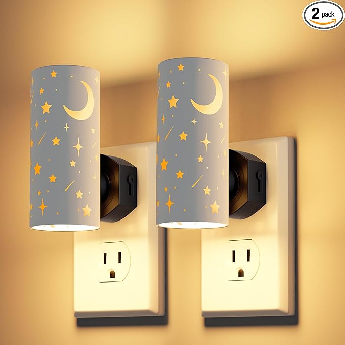 LED Night Lights Plug into Wall, 2-Pack 3000K Bright Plug in Nightlights, Dusk-to-Dawn Sensor, Dimmable 0-100LM, Auto-On/Off, Home Decor for Bedroom, Bathroom, Hallway, Kitchen, White Stars