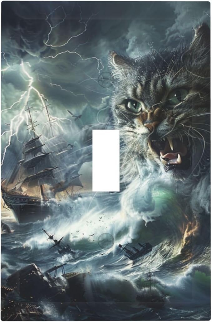 Light Switch Cover Plate funny Cat Stormy sea Lightning Sailboats 1 Gang Single Toggle Decorative Switch Plates Wall Plates Electrical Faceplate for Bathroom Kid Room Decor