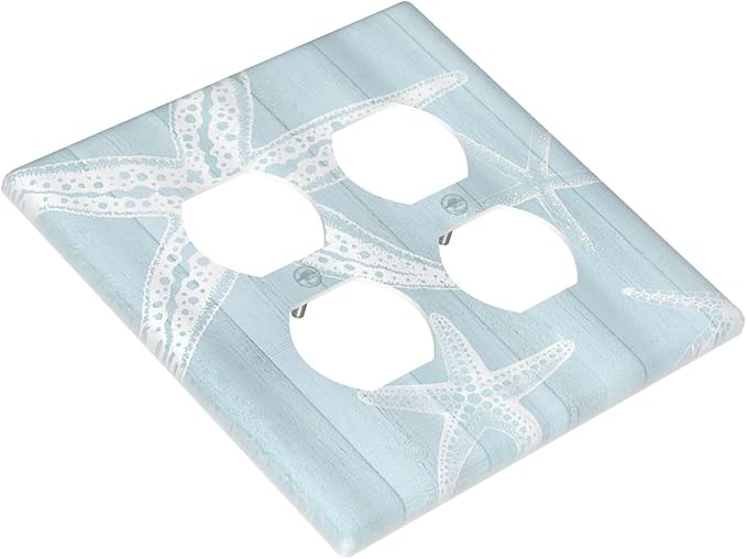 Outlet Covers Blue Wooden Plank Starfish Ocean Vintage 2 Gang Decorative Light Switch Cover Double Duplex Wall Plates Switch Plates Electrical Socket Covers for Bathroom Bedroom Decor