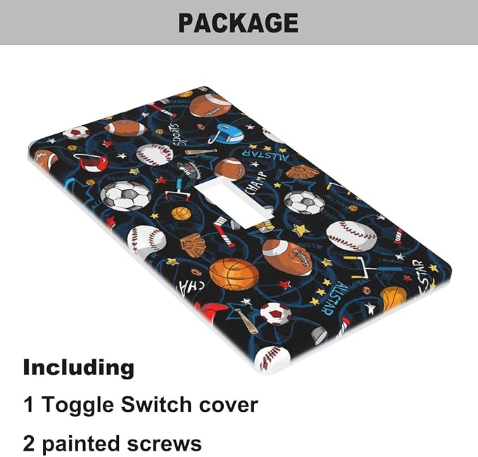 Sports Light Switch Cover Collection Football Soccer Baseball Basketball Fun Sports Design Blue Single Toggle Wall Plate 1 Gang Switchplate 4.5"x 2.76" for Men Teen Boys