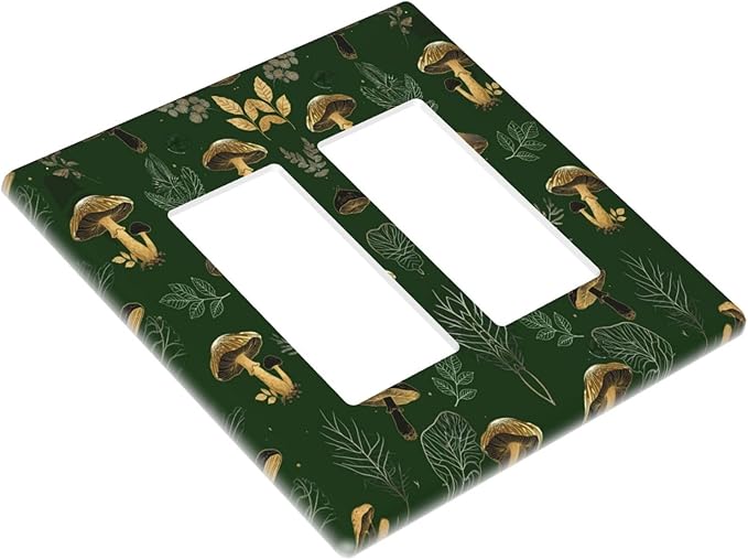 Decorative Outlet Covers Cute Gold Mushtroom Green Plant Leaf 2 Gang Light Switch Cover Plate Double Rocker Wall Plates for Electrical Outlets Switch Plate Covers for Bedroom Home Decor