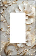Decorative Art Light Switch Covers Elegant White and Gold Florals 1 Gang Rocker Outlet Wall Plate Switchplate Electrical Faceplate for Home Decor
