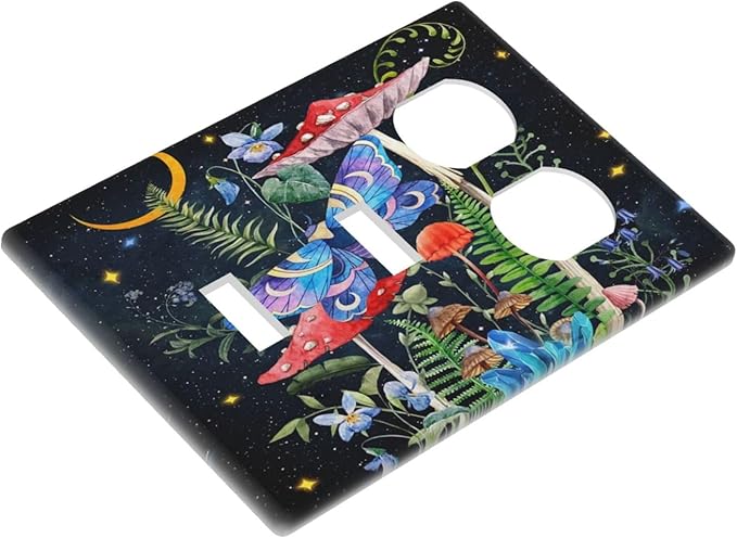 Hippie Mushroom Boho Starry Moon Night Stars Butterfly 3 Gang Combination 2 Toggle 1 Duplex Receptacle Light Switch Wall Plates and Outlet Cover Triple Device Combo Two Toggle One Receptacle Cover